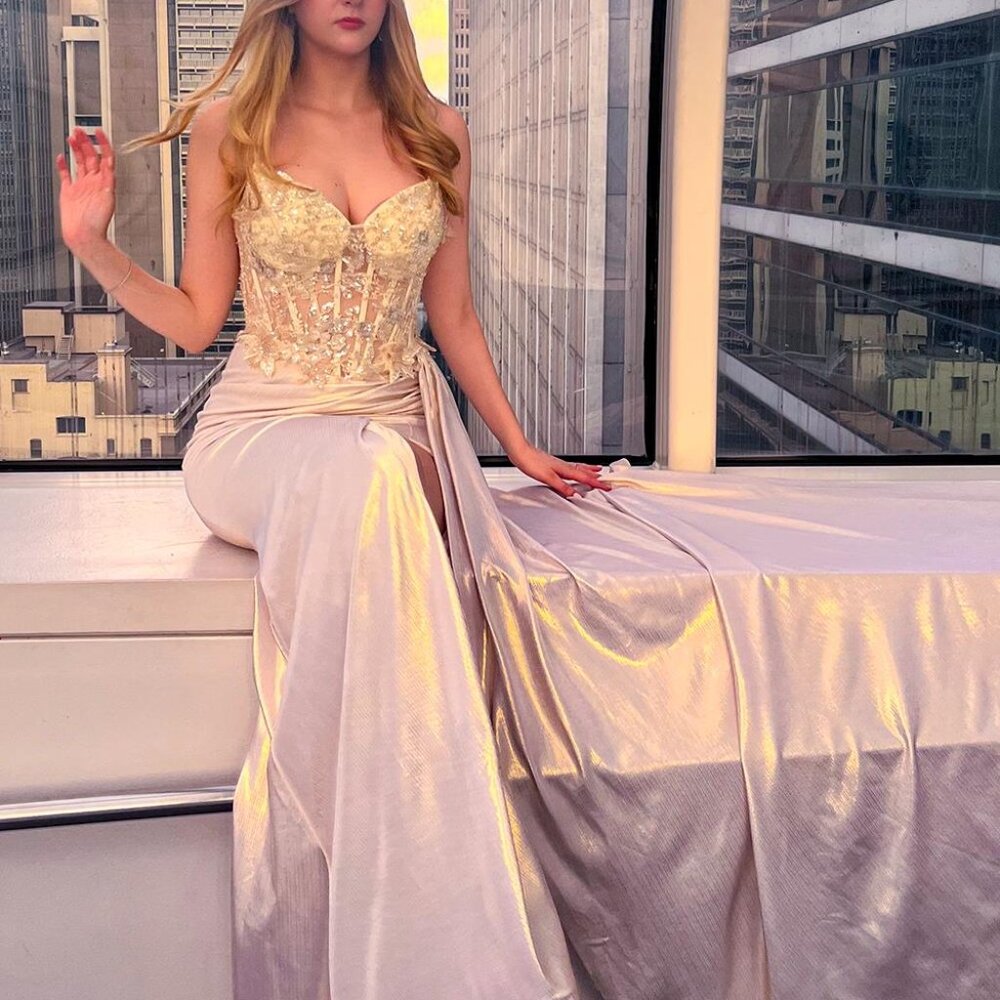 ivory wedding dress. strapless beaded lace applique long fitted bridal gown
